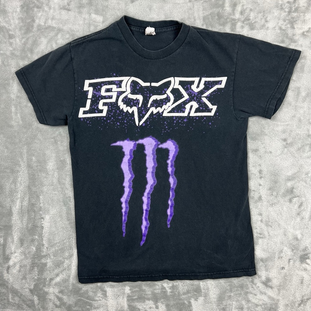 VTG Fox Racing x Monster‎ Energy Splatter Purple Claw Logo Graphic T-Shirt Y2K